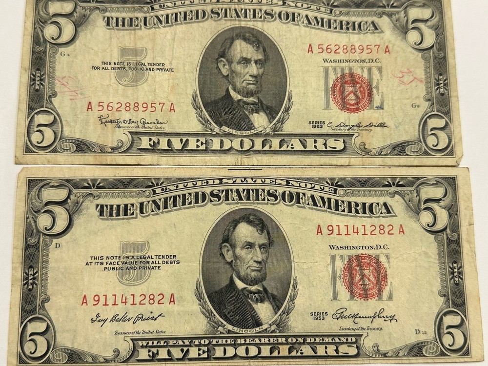 1963 $5 Dollar Red Seal Notes (2)  Good Shape (whole) D122