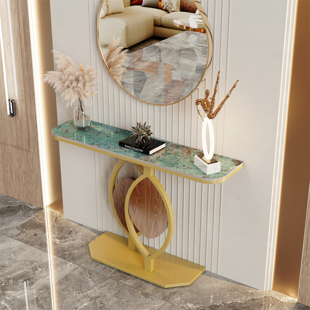 Modern Console Table Sintered Stone entry Table with Geometric/Leaf Golden Base