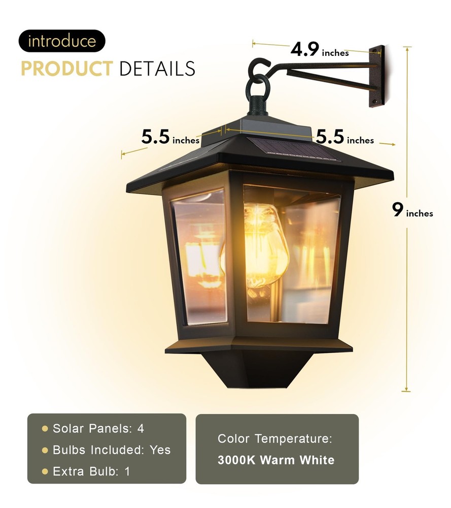 2 Pack Solar Wall Lanterns with Replaceable Bulb,Outdoor Hanging Lights with ...