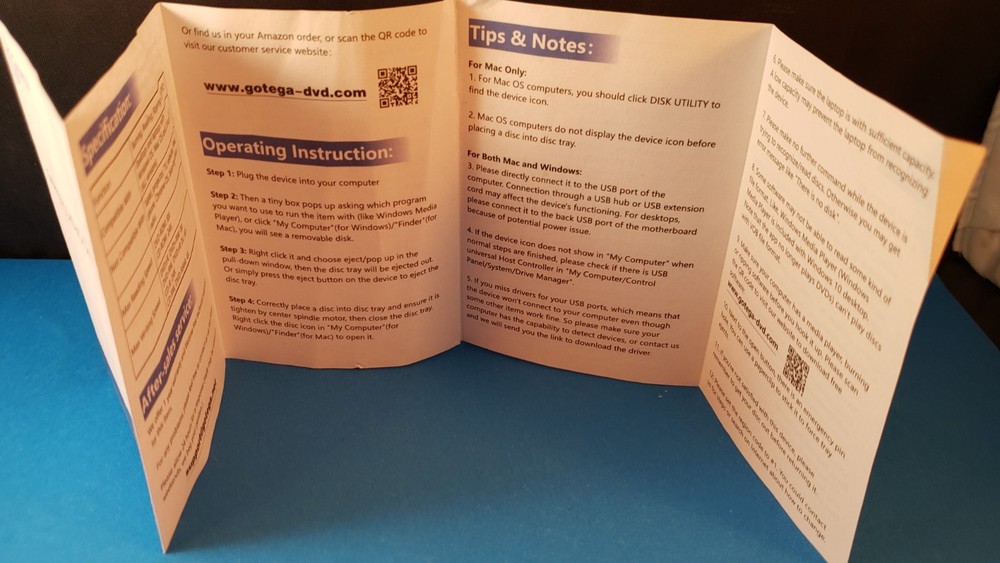 GOTEGA External CD/DVD Drive USER SUPPORT GUIDE Small PAMPHLET Instructions