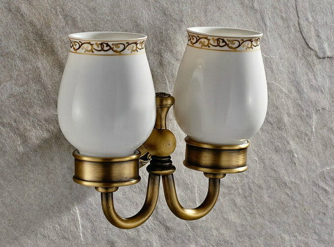 Bathroom Wall Mounted Antique Brass 2 Ceramic Cups Toothbrush Holder 2ba495