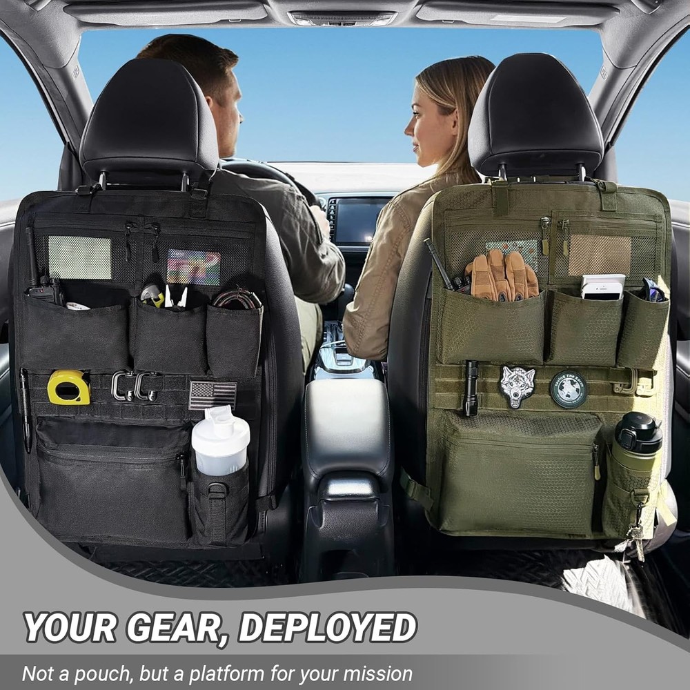 Tactical Car Seat Organizer with Multiple Pockets, MOLLE Panel System & Mesh Com