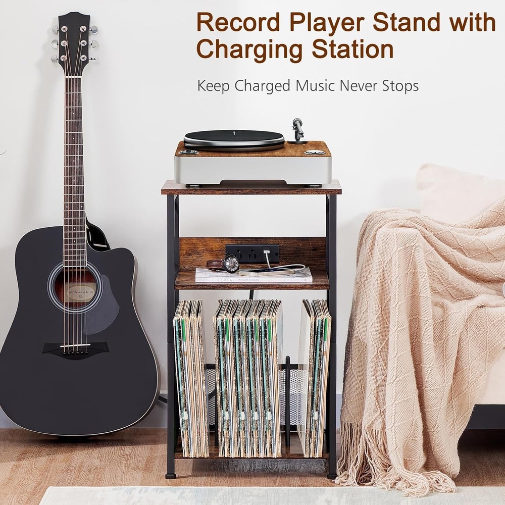 Rustic Brown Turntable Stand with Storage for Over 100 Records & USB Charging
