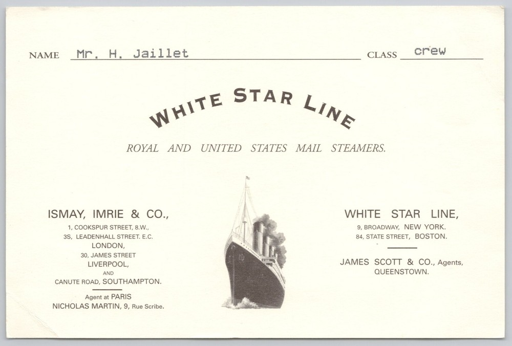 White Star Line First Class Card