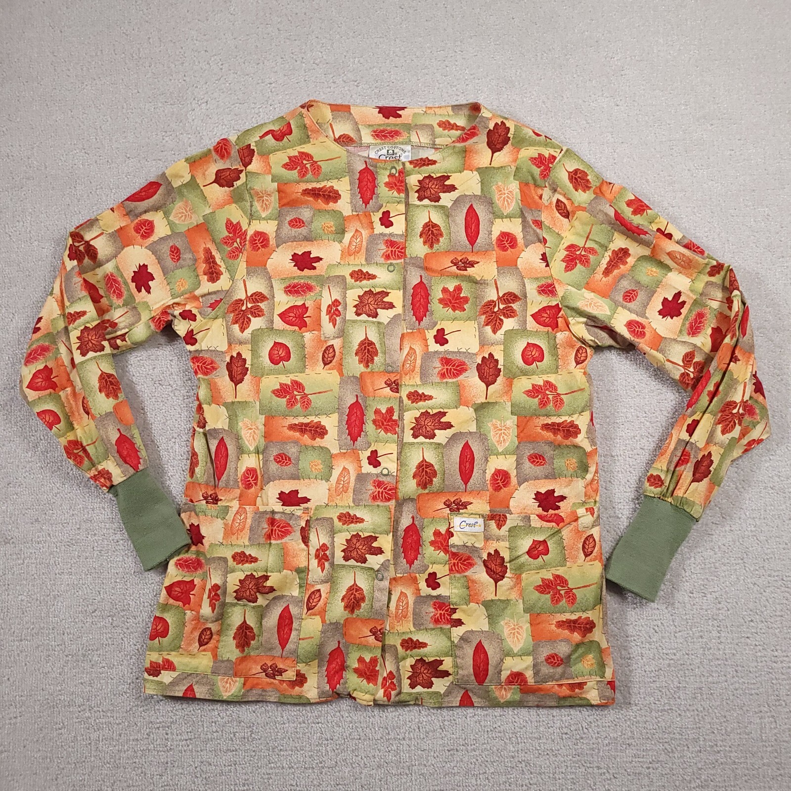 Vintage Crest Cottons Scrub Shirt Women's Small Multicolor Leaves Print L/S Snap