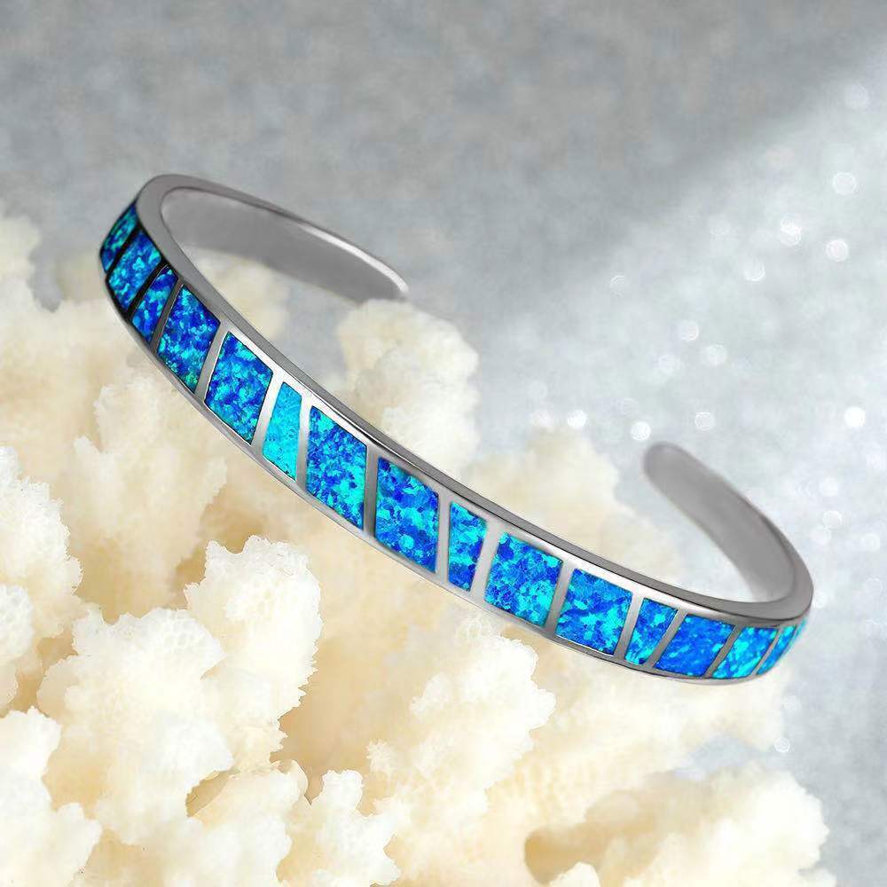 Blue Fire Opal Adjustable Bangle Bracelet - Classic Sterling Silver Dipped