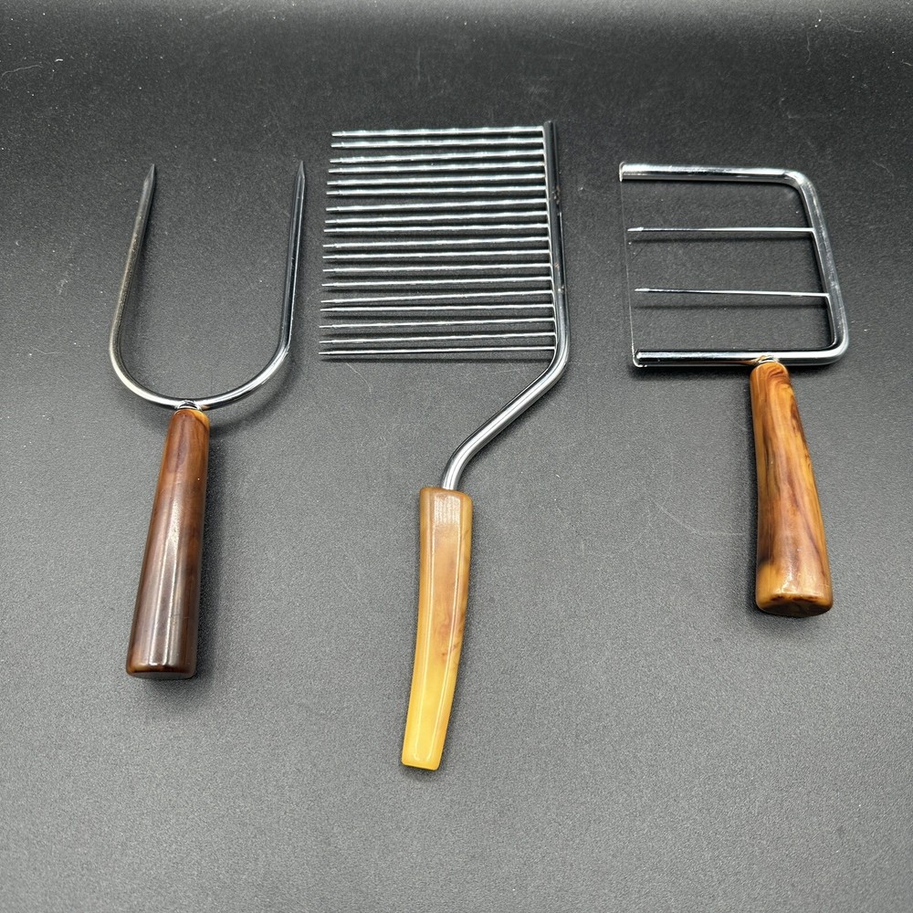 Vintage Bakelite Kitchen Tools Hostess Set Cheese Slicer Angel Cake Comb Fork