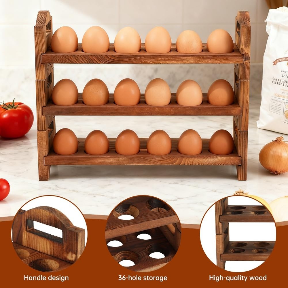 3Tier Wooden Egg Holder Countertop 36Hole Stackable Rack Fresh Eggs