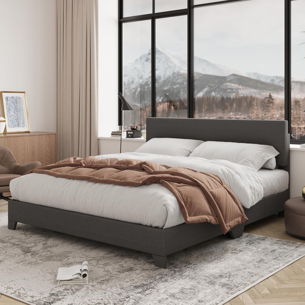 Queen Bed Frame Adjustable Headboard Upholstered Platform Dark Grey AK-2515DG