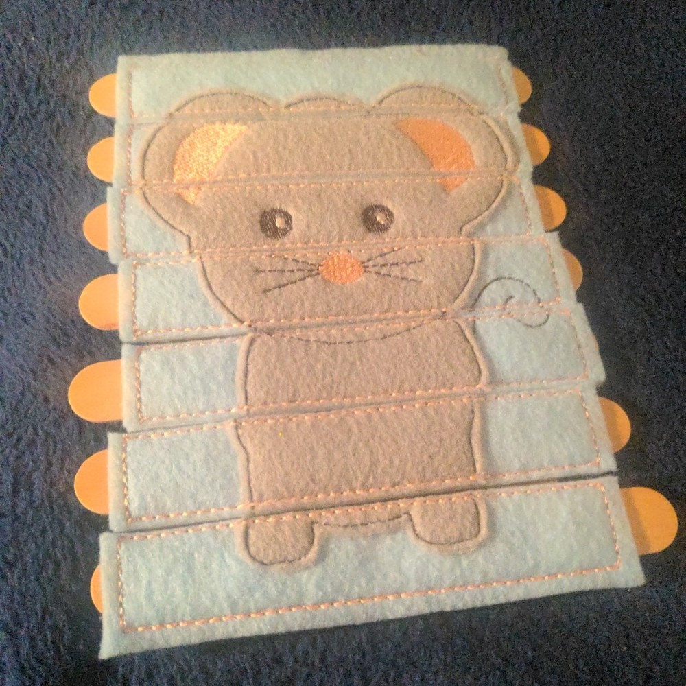 Handmade Felt Stick Puzzle  - Cute Gray Mouse, Blue Background ls