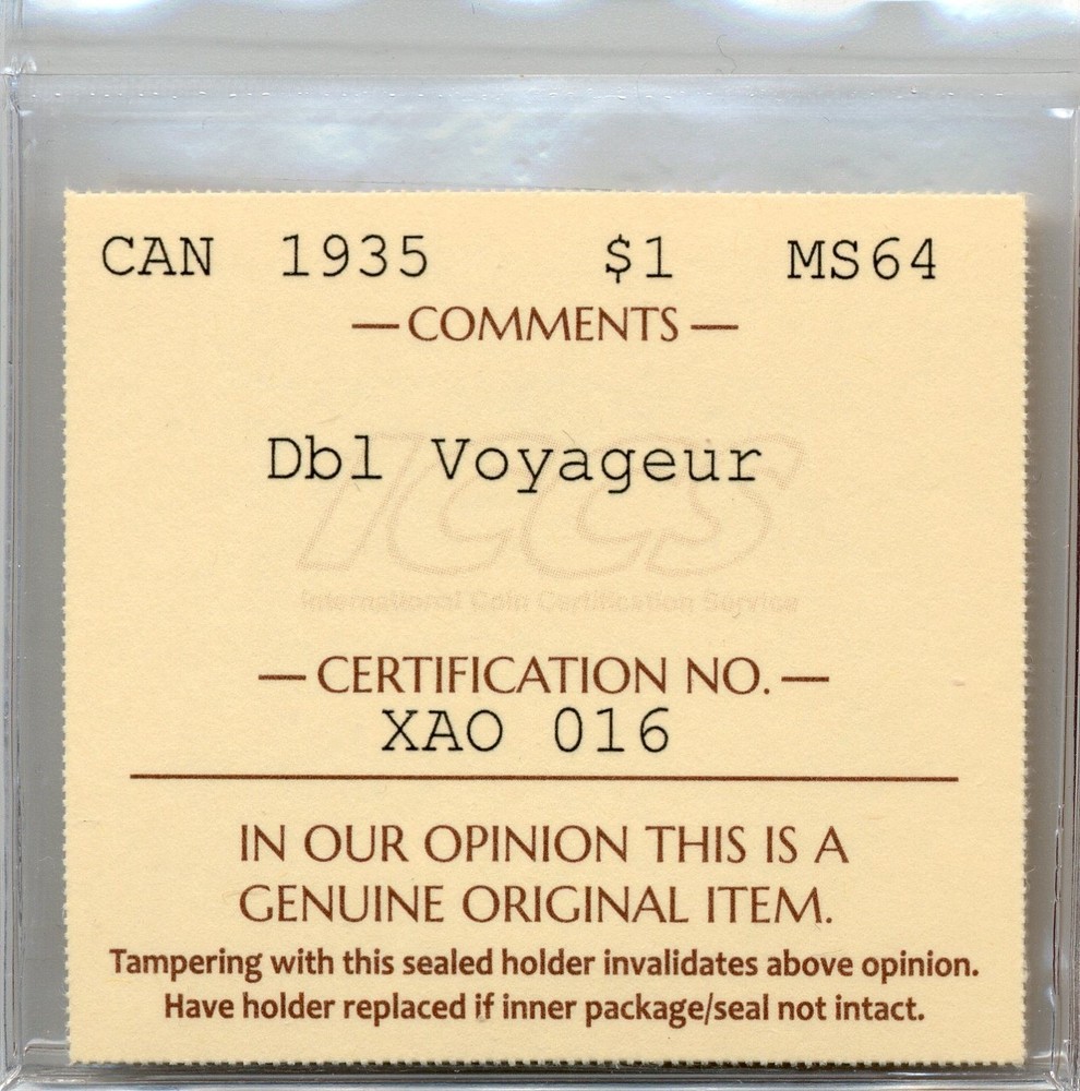 1935 Canada $1, Double Voyageur - Choice Uncirculated, ICCS MS64