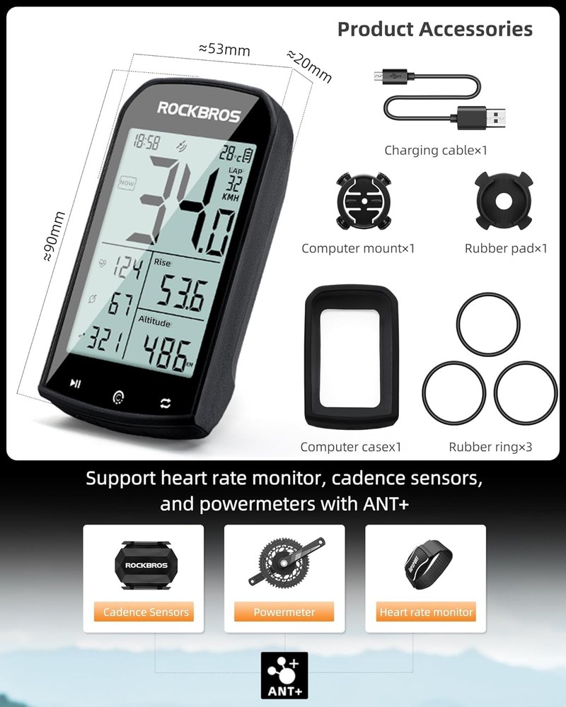 ROCKBROS Bike Computer GPS Wireless Speedometer ANT+Bluetooth w/Cadence Sensor