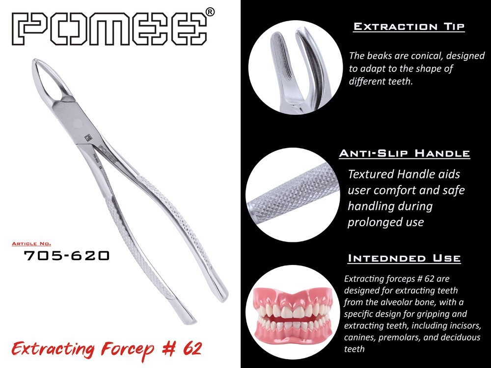 Pomee USA Extracting Forceps #62 Upper/Lower Incisor, Bicuspid & Primary Teeth