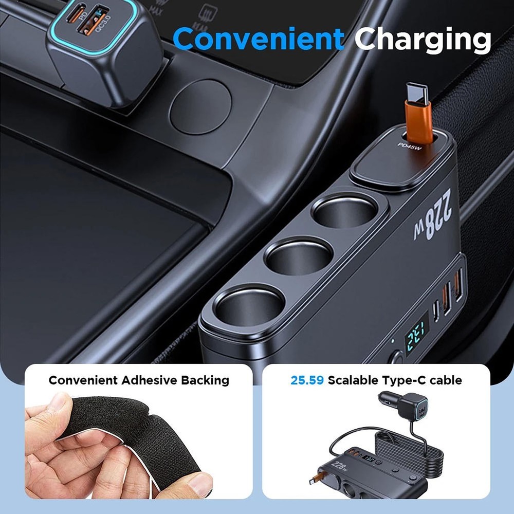 Multi Function Car Charger 9-in-1 with 3 Cigarette Lighter Sockets 6 USB 228W