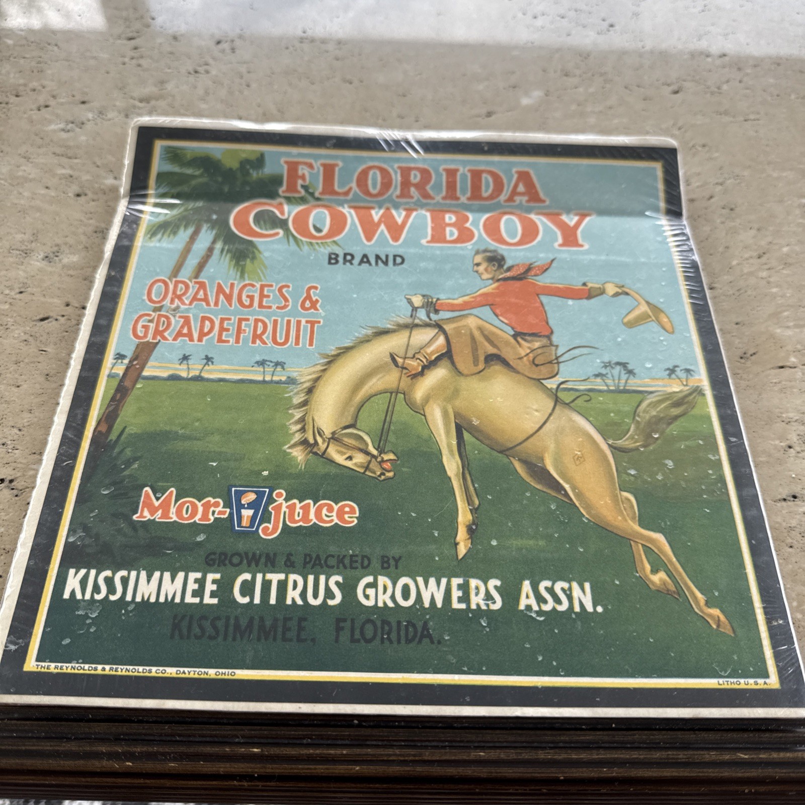 Original Vintage Florida Cowboy Citrus Crate Label Kissimmee Growers Horse Art