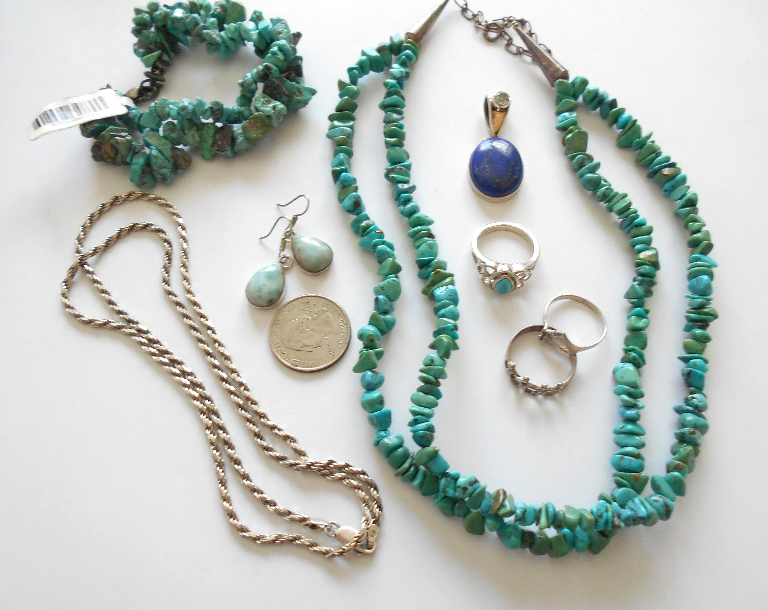 Lot of 8 Pieces Sterling Turquoise, Lapis, Larimar Jewelry Lot #5 130 Grams