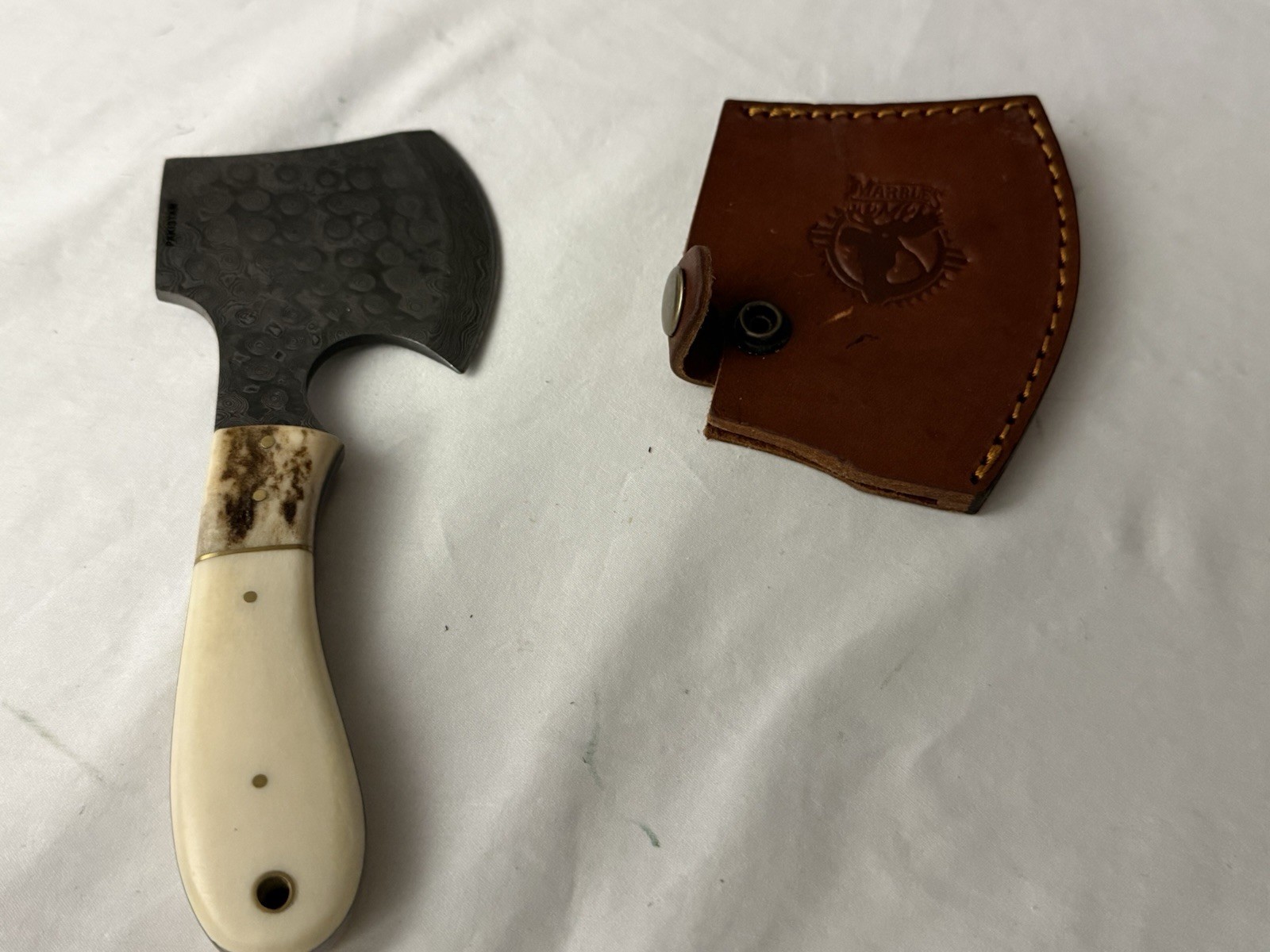 NIB Marbles Damascus Hatchet (3in), Natural Bone Handle, 7.5in overall (MR826D)