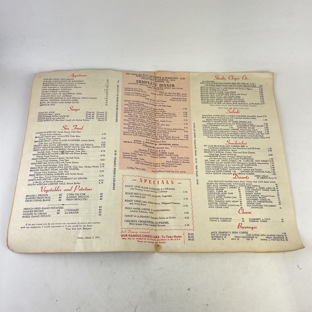 Jack Dempsey’s Restaurant Menu March 7 1971