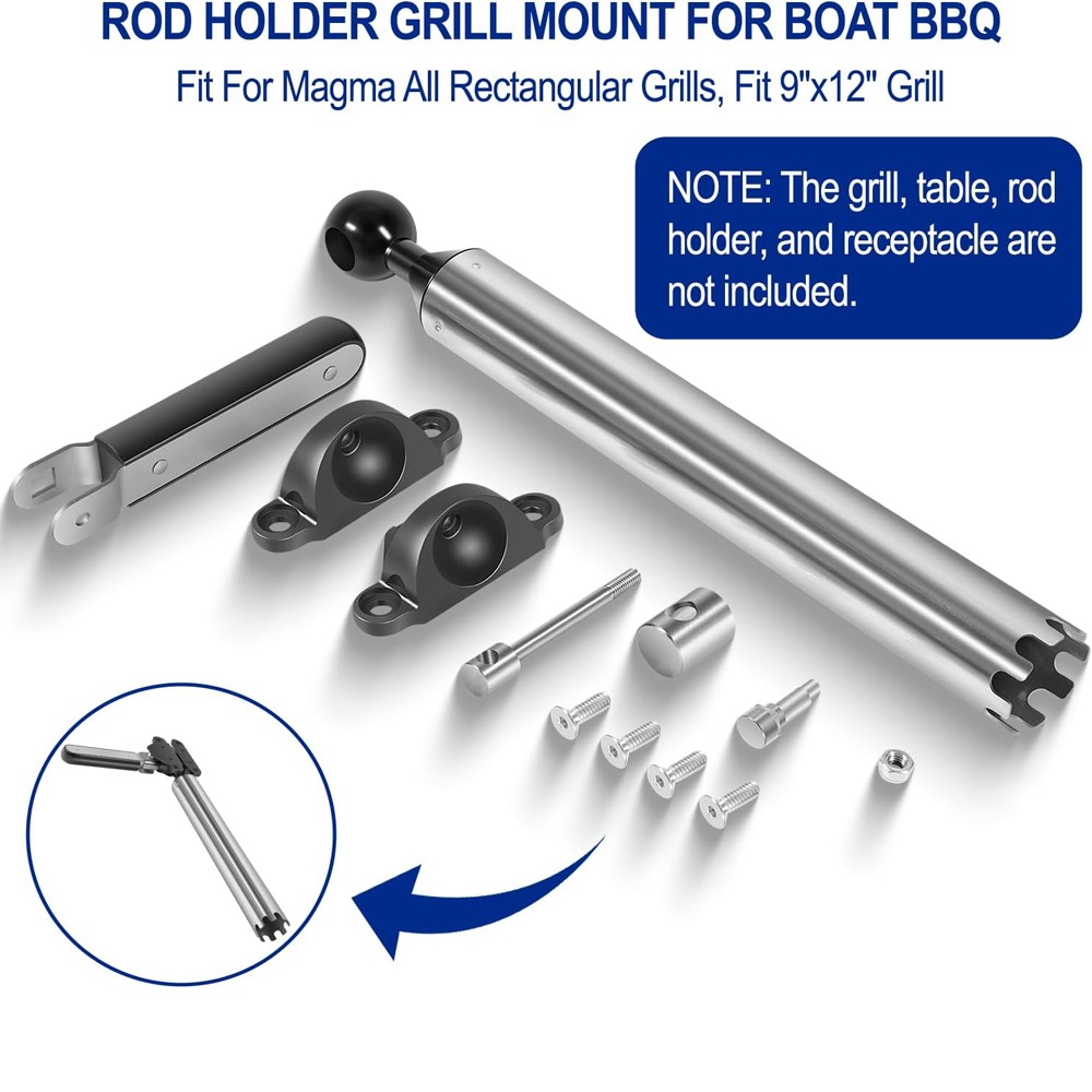 T10-355 All-Angle Adjustable Fish Rod Holder Mount For Magma Rectangular Grills