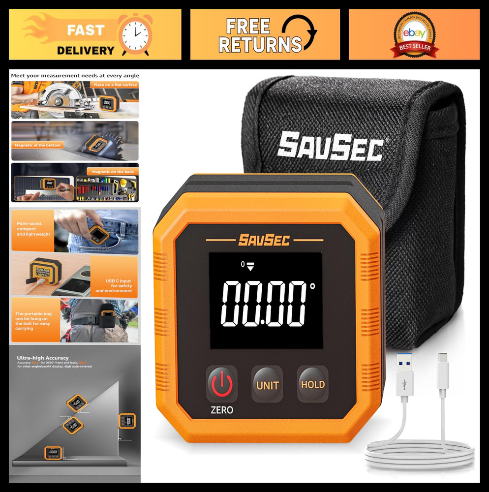 Rechargeable Digital Angle Finder Protractor with Magnetic Base, ±0.1° Accuracy,