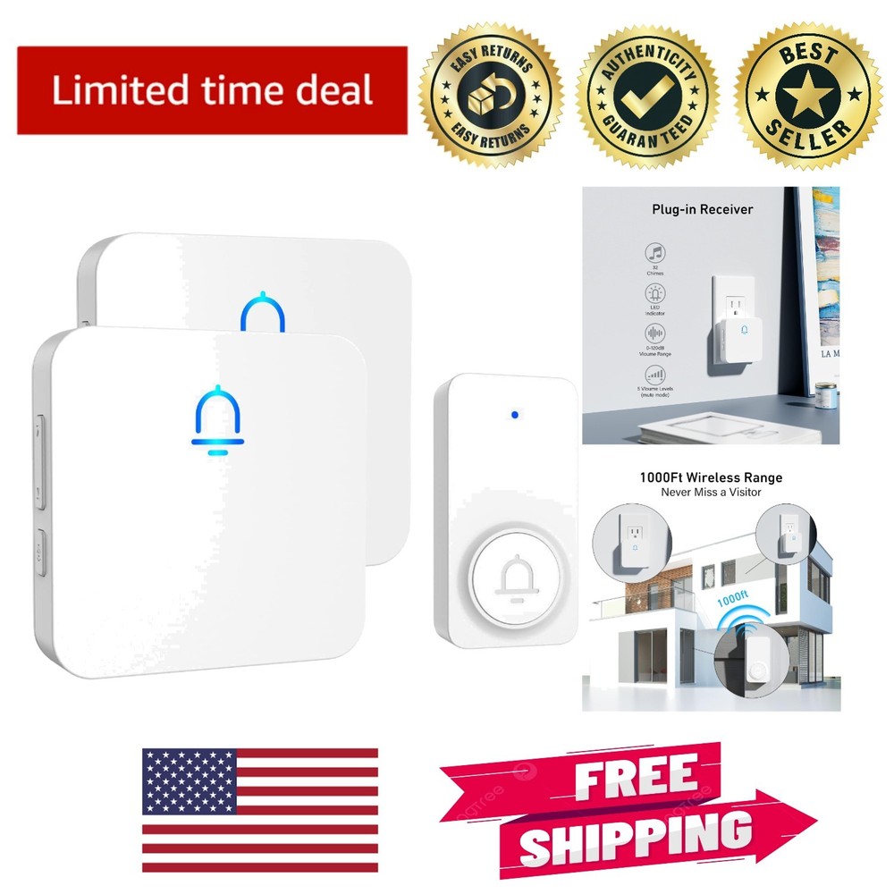 Wireless Doorbell - 2 Receivers, 1000ft Range, Adjustable Volume, White