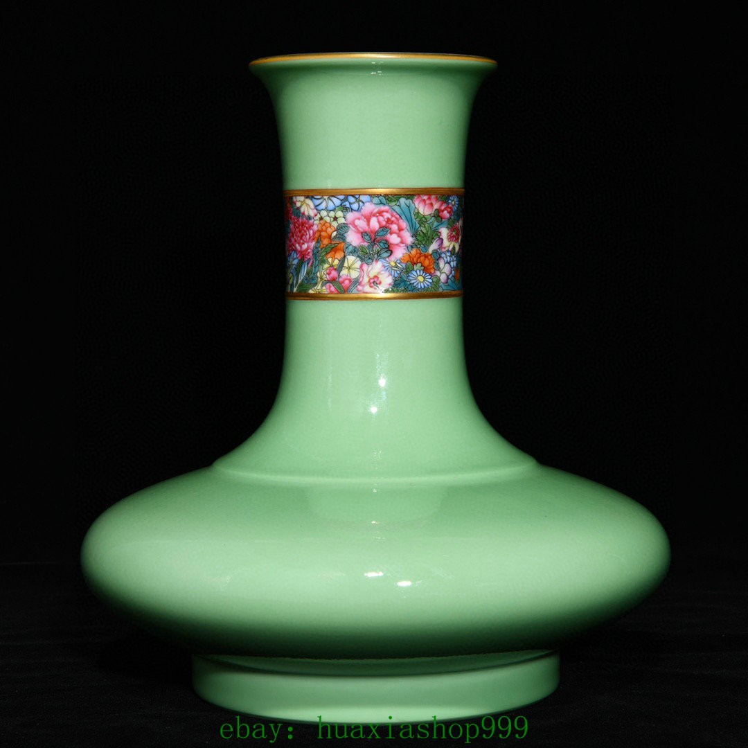 9.2"Old Green Glaze Famille Rose Porcelain Gilt Flower Pattern Bottle Vase