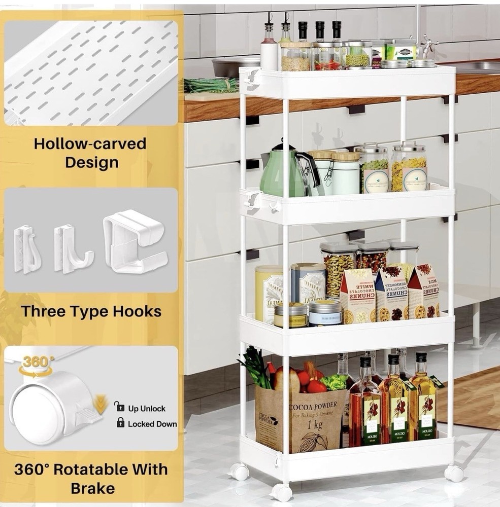Slim Storage Cart 4 Tier Bath Laundry Organizer Rolling Wheels SPACEKEEPER