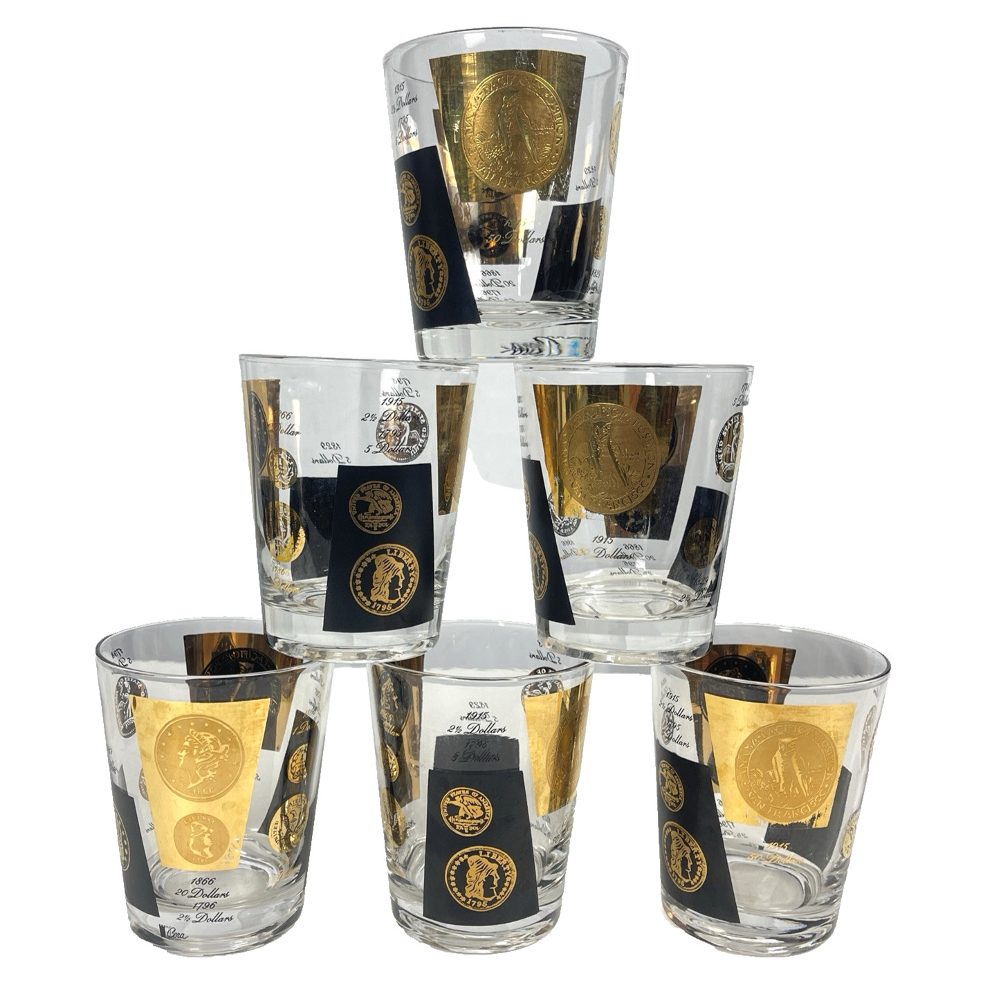 Cera Bob Wallack Gold Coin 6 Vtg Highball Glass Lot MCM Old Fashioned Cocktail