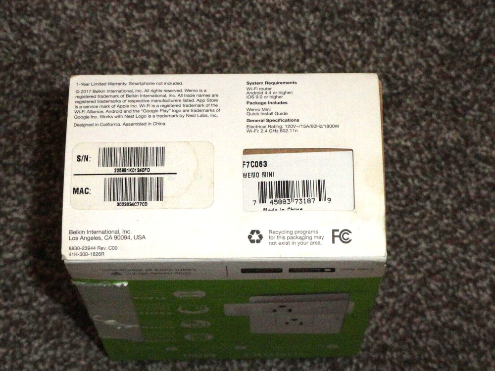 New WeMo Mini Wi-Fi Enabled Smart Plug White Model F7C063