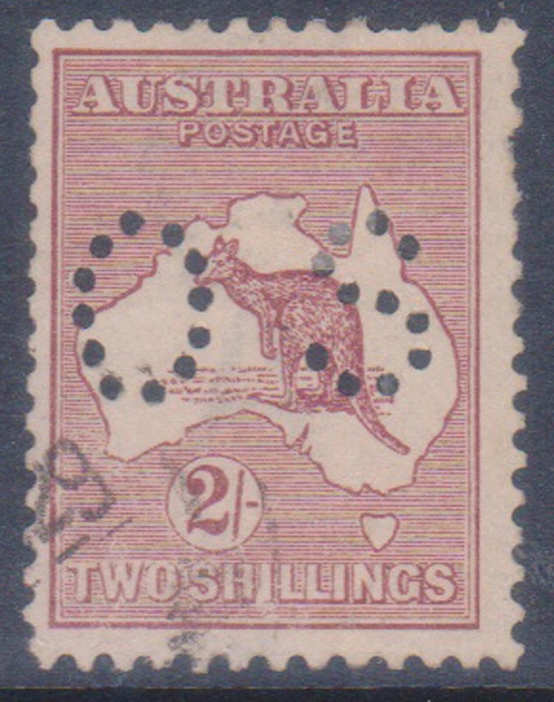 (F249-35) 1916 AU 2/- maroon Kangaroo perforated OS 3rd W/M stamp (AJ)