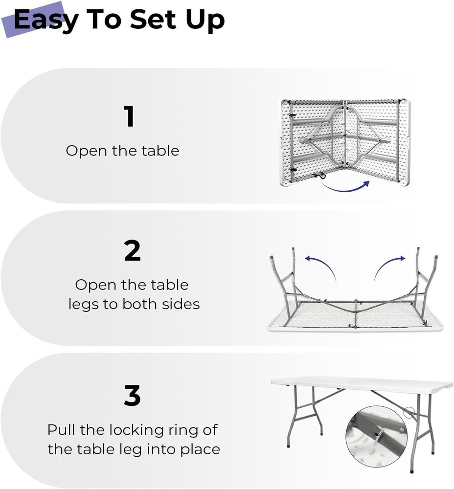 Folding Table 6ft Portable Heavy Duty Plastic Fold-in-Half Utility Foldable