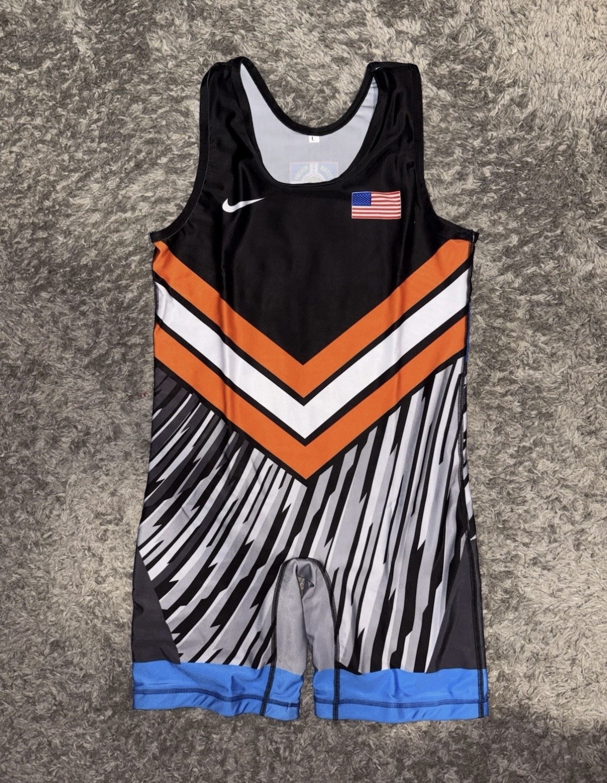 Oklahoma state, Nike USA Wrestling Singlet Black Blue Orange Stripes Flag USA