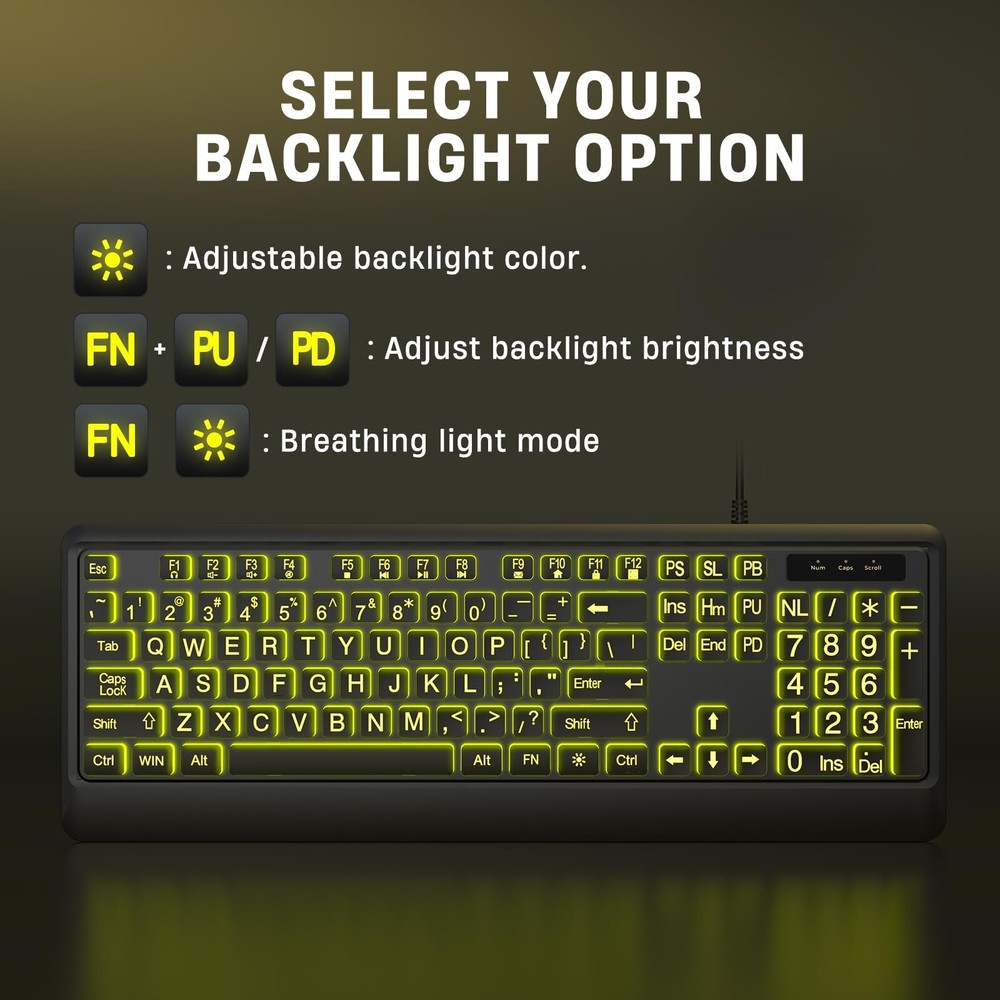 Large Print Keyboard - 7 Interchangeable Backlight Colors, Light Up USB Wired...