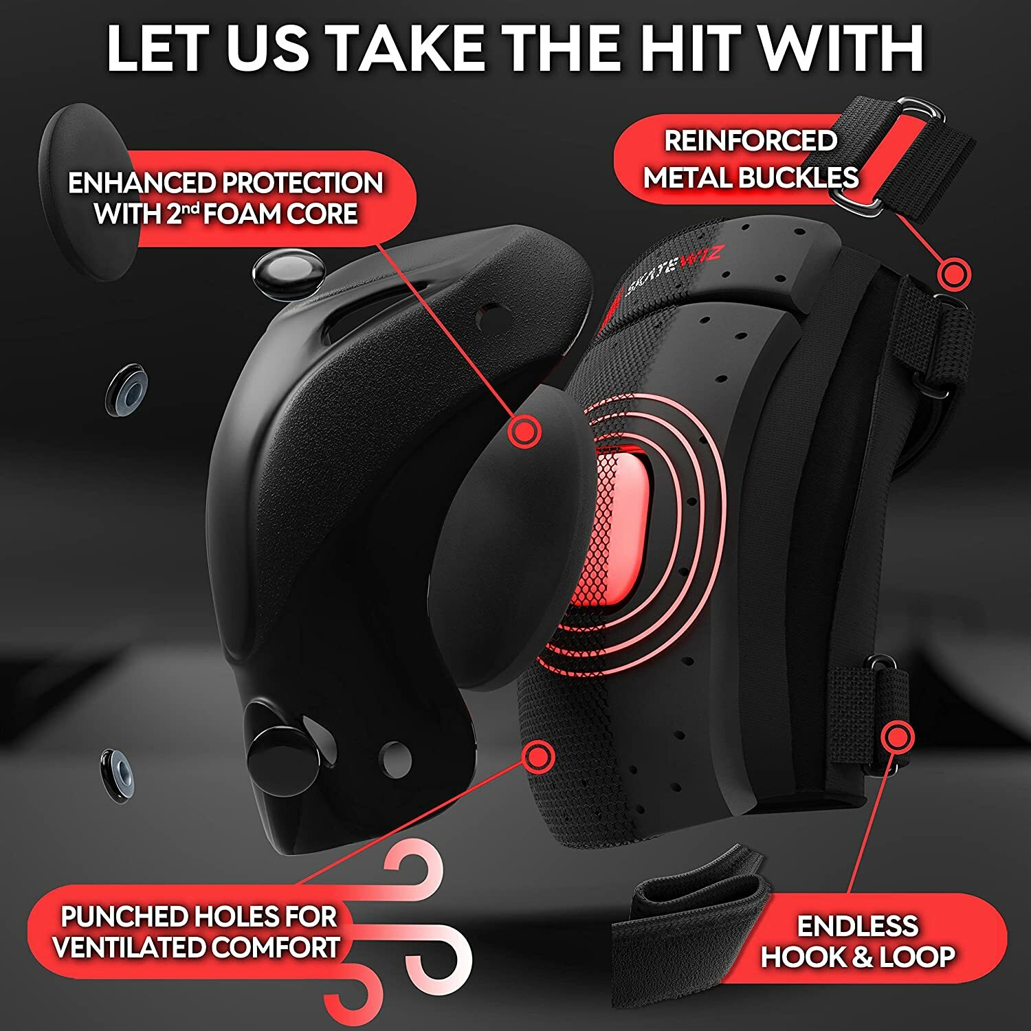 SKATEWIZ Skateboard Pads Knee & Elbow Pads & Wrist Guards for Roller Skating L