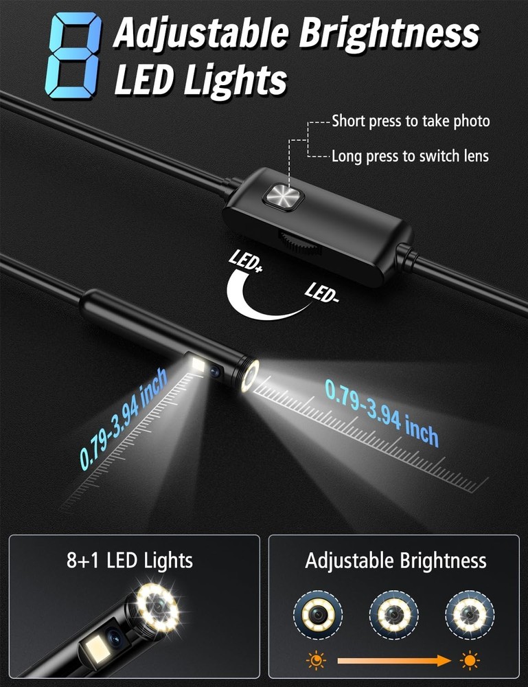 Upgraded Dual Lens Endoscope Camera Borescope with 8 LED Lights for iOS/Android