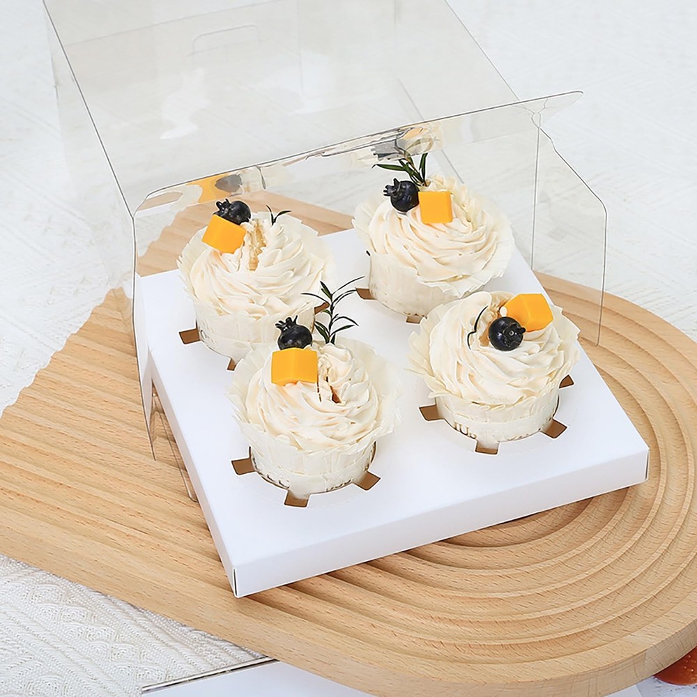 20 Pack Clear Cupcake Boxes with Gift Ribbon, 4 Count Plastic Cupcake Contain...
