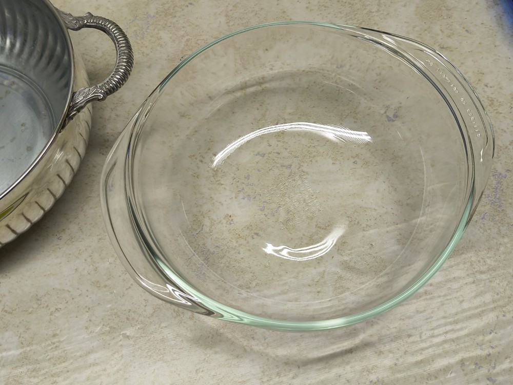 Silverplate round foote casserole dish with original Pyrex liner