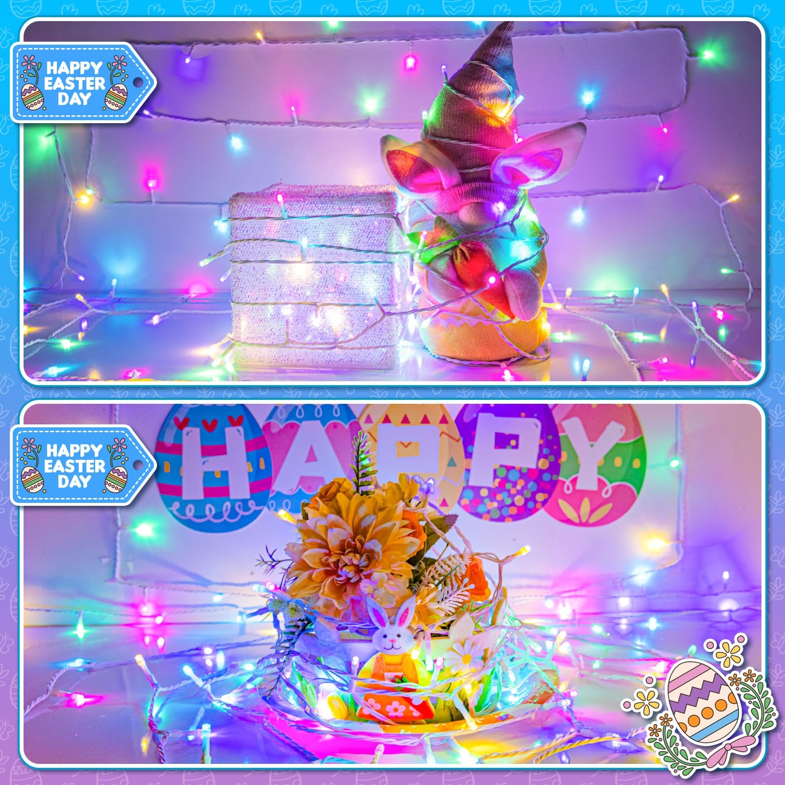 16.4ft 50LED Pastel Easter String Lights Battery Timer White Wire Fairy Garland