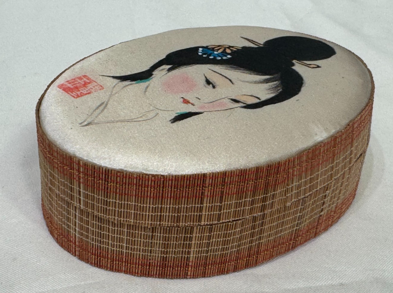 JAPANESE ASIAN CHINESE SILK GREEN WALLET SIGNED OVAL BOX PAINTING GEISHA WOMAN