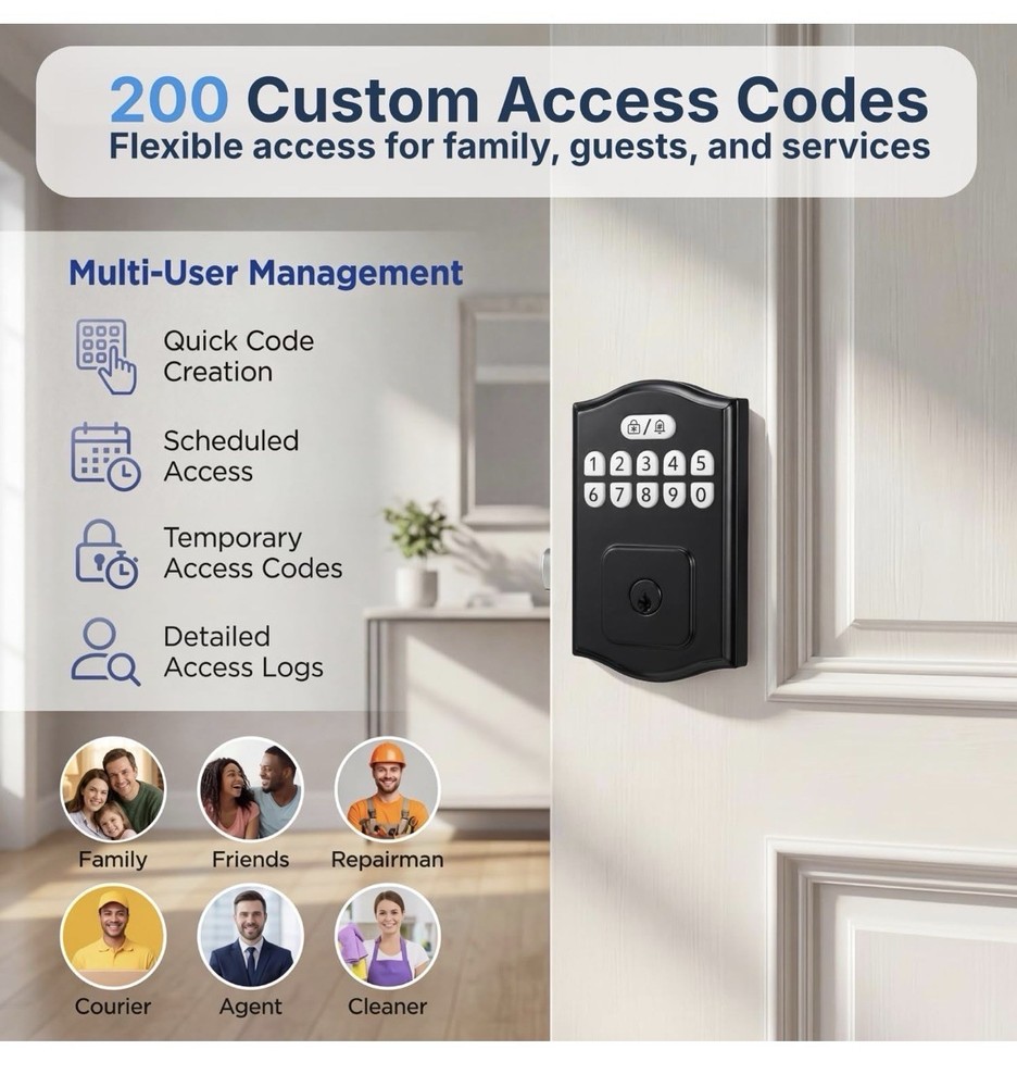 Keyless Entry Door Lock Electronic Deadbolt 200 Codes Auto Lock Smart Lock