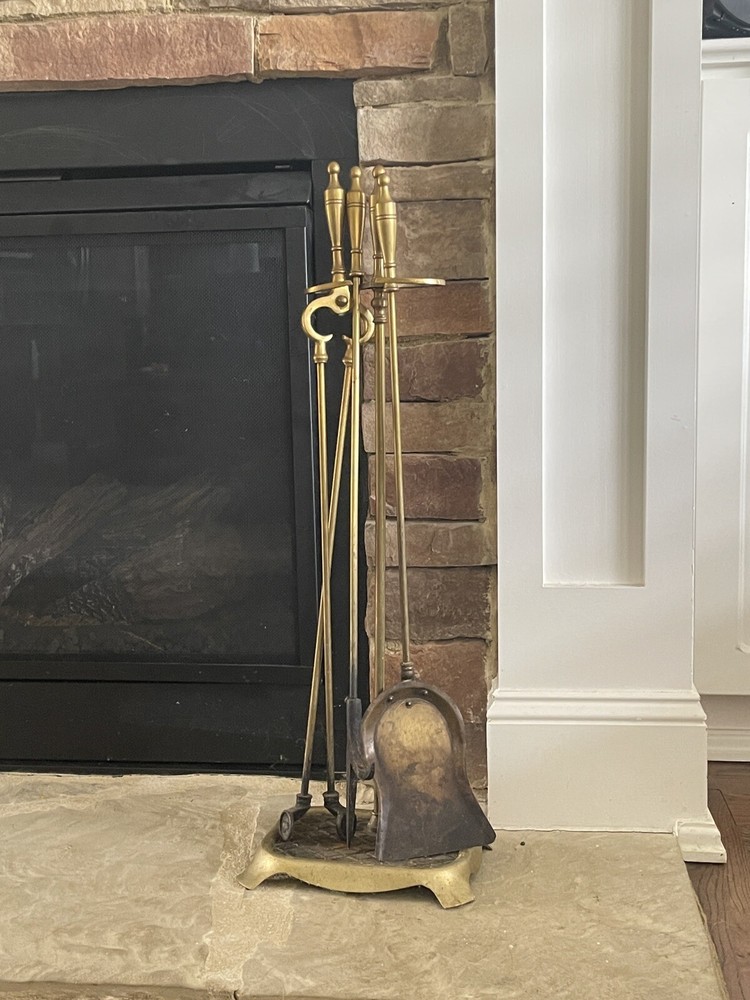 Vintage Solid Brass Fireplace Tool Set 4 Piece + Stand Missing Broom Head