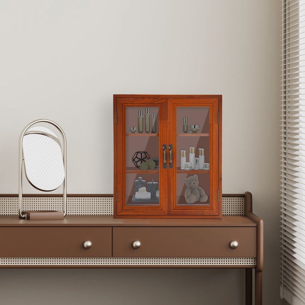 Brown Storage Cabinet 3 Tiers Solid Wood Storage Cupboards Rectangle Modern