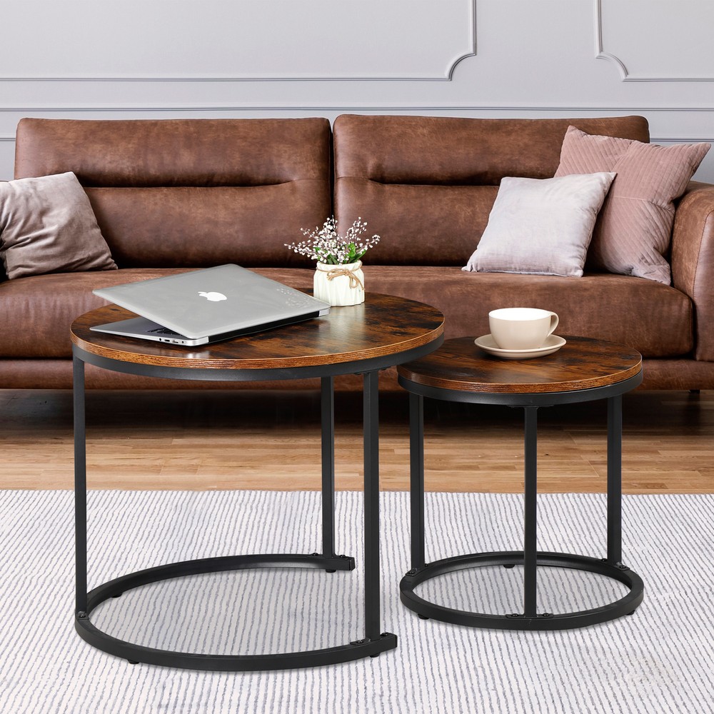 Set of 2 Nesting Coffee Table Round End Side Table for Small Spaces Rustic Brown