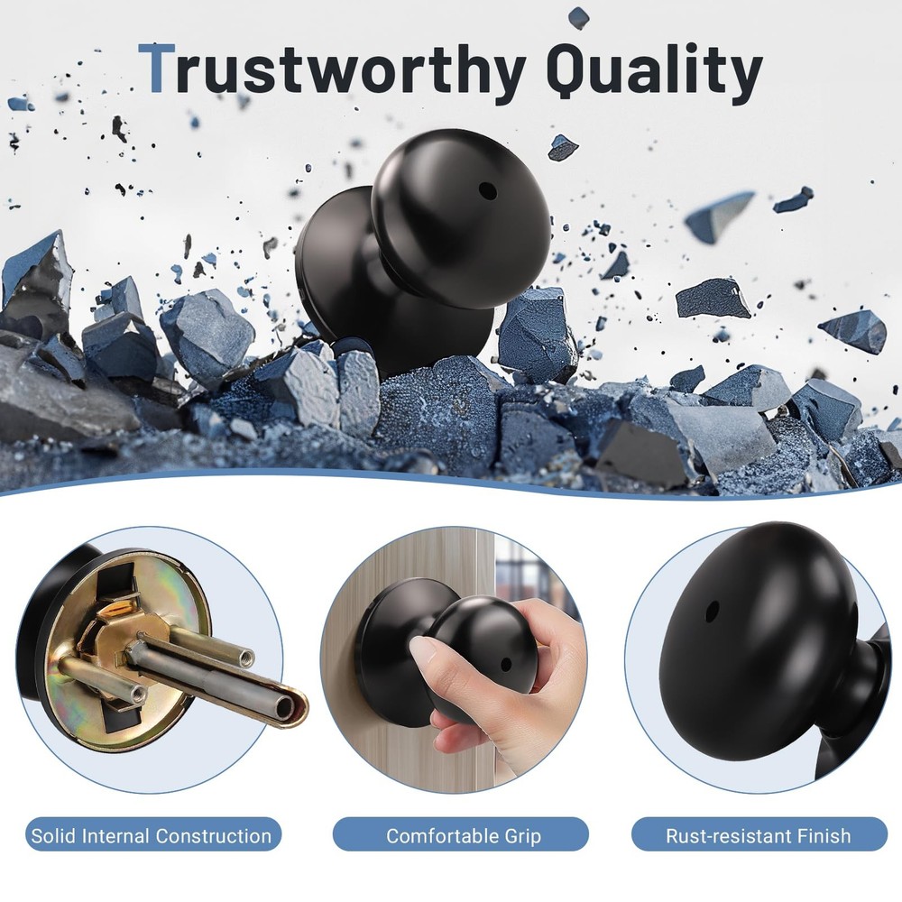 6 Pack Privacy Door Knob Matte Black, Round Interior Door Knobs for Bathroom ...