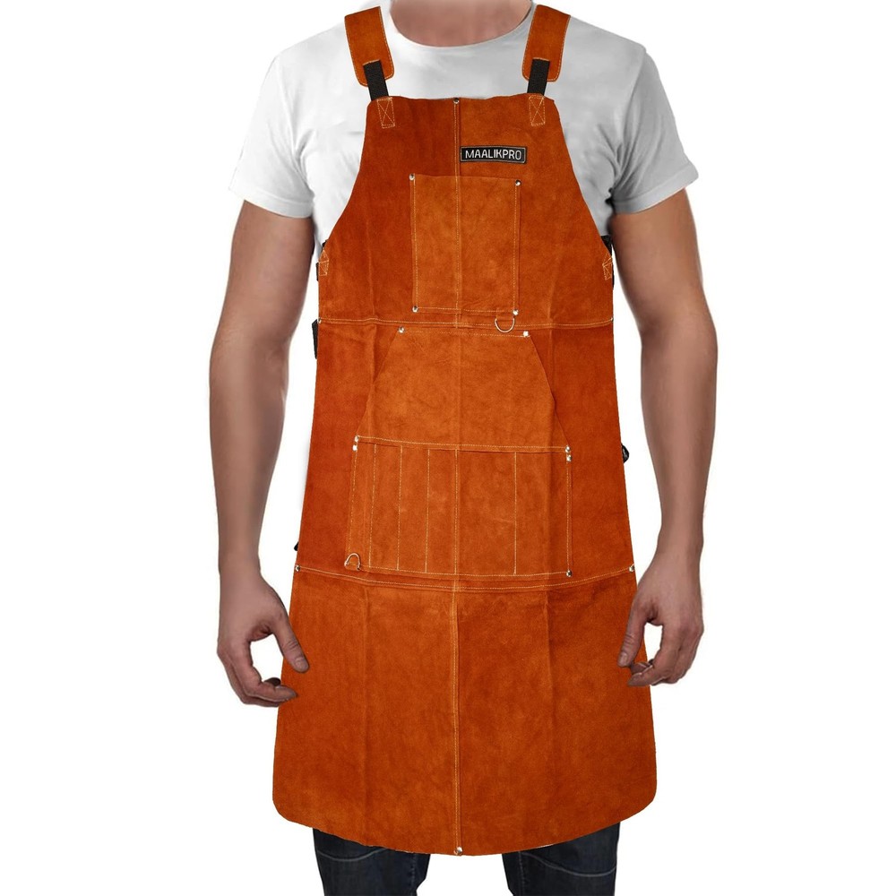 Leather Welding Work Apron with 9 Tool Pockets Brown
