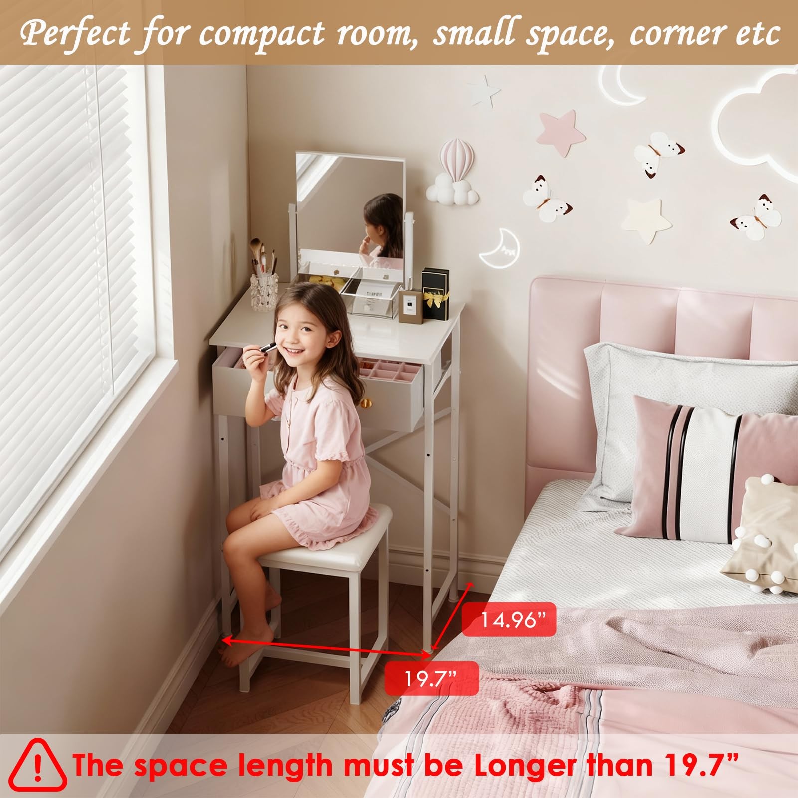 Small Makeup Vanity Desk with Mirror & Chair, Table Set W/ Fabric Storage Drawer