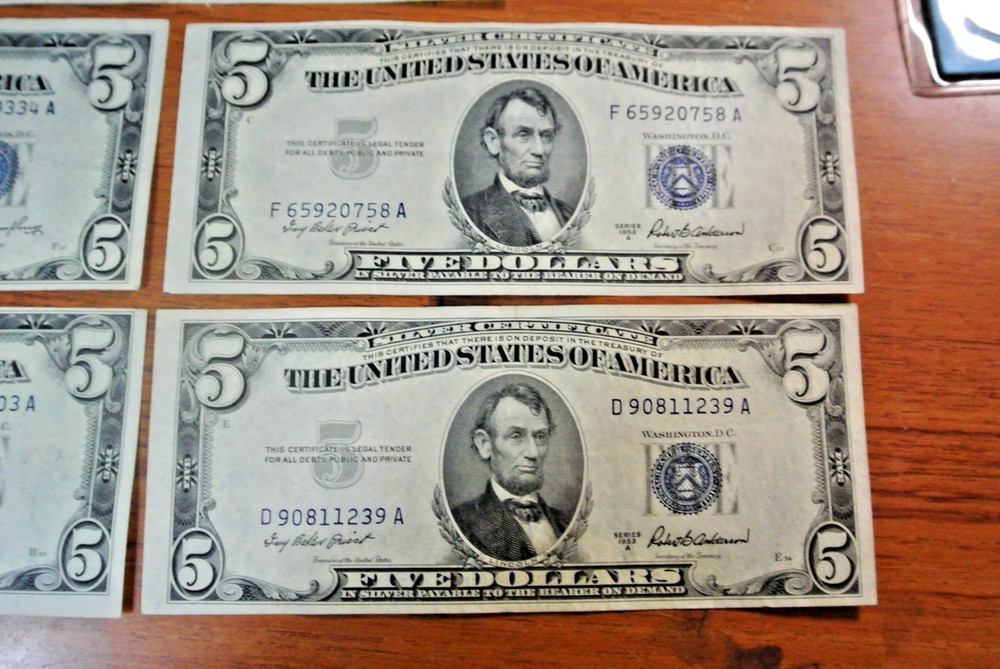 FIVE 1953 $5 US Silver Certificate Higher Grade Uncertified