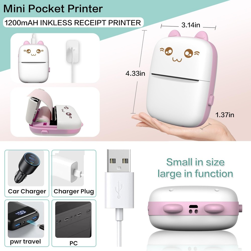 Mini Printer Portable, Inkless Sticker printer with 8 Rolls Paper, Bluetooth ...