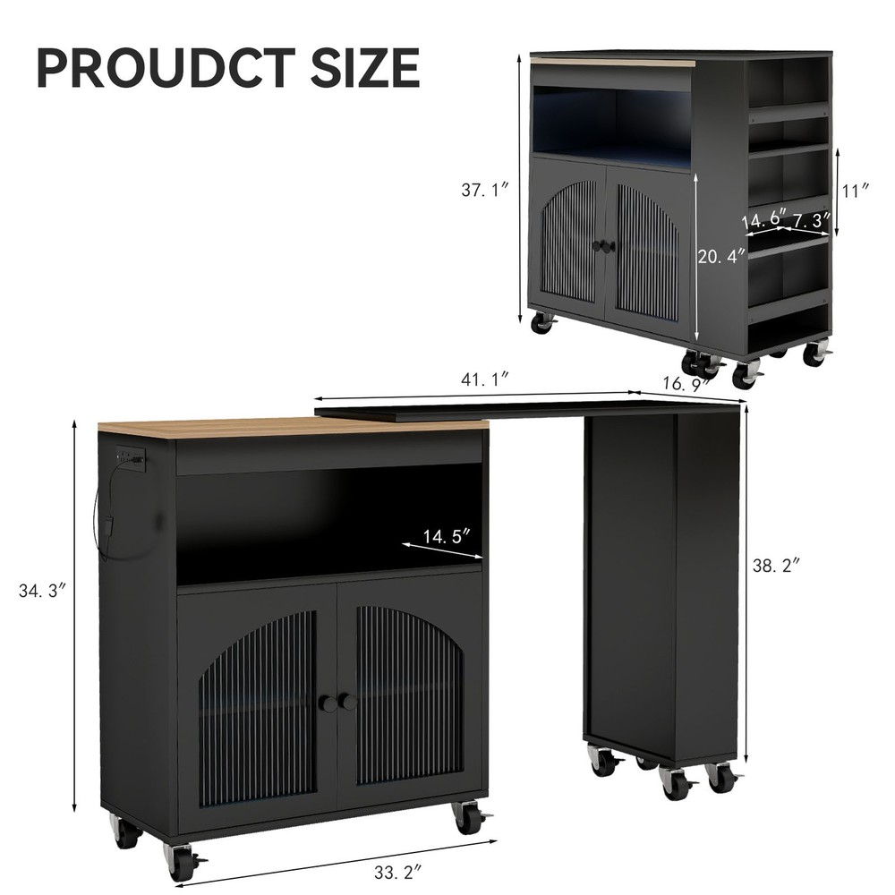 Rolling Kitchen Island Table With LED Light Power Outlets For Kitchen RAEA