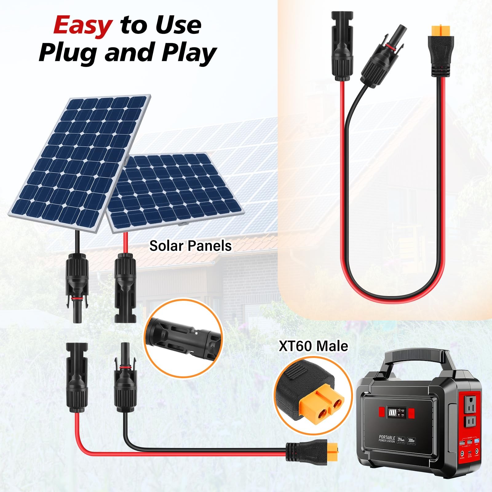 Solar to XT60 Extension Cable,12AWG/4mm² Panel Plug 2 FT, Black&Red